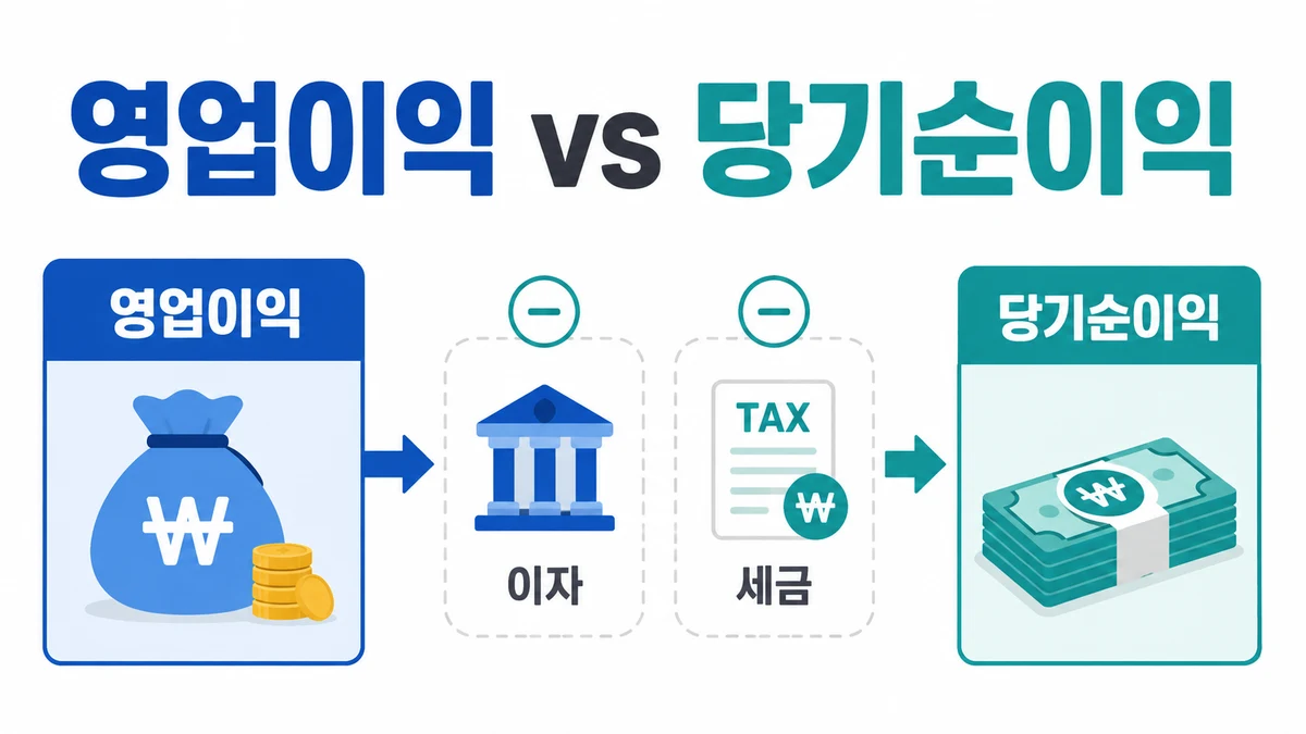 영업이익에서 이자와 세금을 반영해 당기순이익이 되는 차이를 설명한 이미지