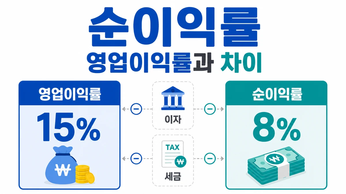 영업이익률 15%와 순이익률 8%를 비교해 이자와 세금 차감을 설명한 이미지
