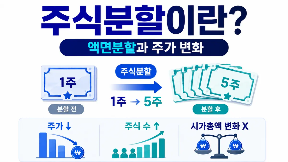 주식분할 시 주식 수는 늘고 주가는 조정되지만 시가총액은 변하지 않는 원리를 설명한 인포그래픽