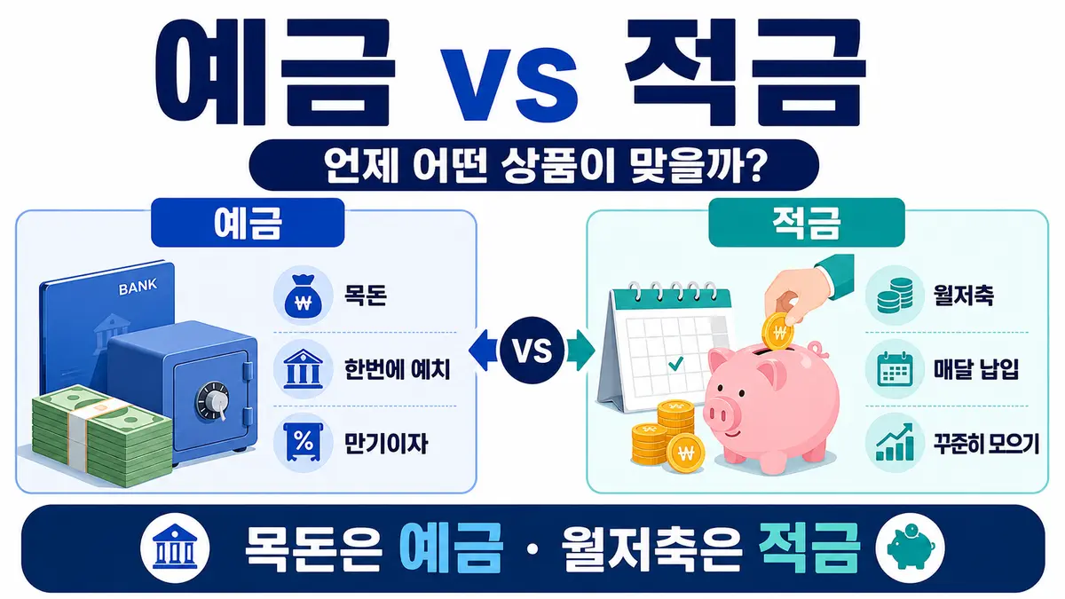 예금과 적금의 차이를 목돈 예치와 매달 납입 방식으로 비교한 인포그래픽
