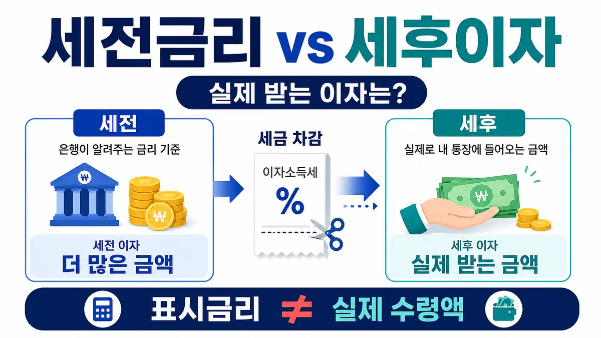 세전금리에서 세금을 차감해 실제 받는 세후이자를 설명한 인포그래픽