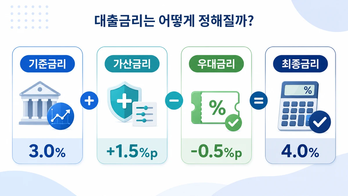 기준금리와 가산금리에서 우대금리를 빼 최종 대출금리가 정해지는 구조를 설명한 인포그래픽