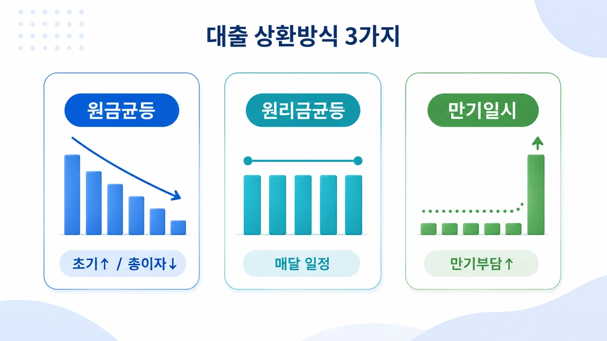 원금균등, 원리금균등, 만기일시상환의 월 상환 흐름을 비교한 인포그래픽