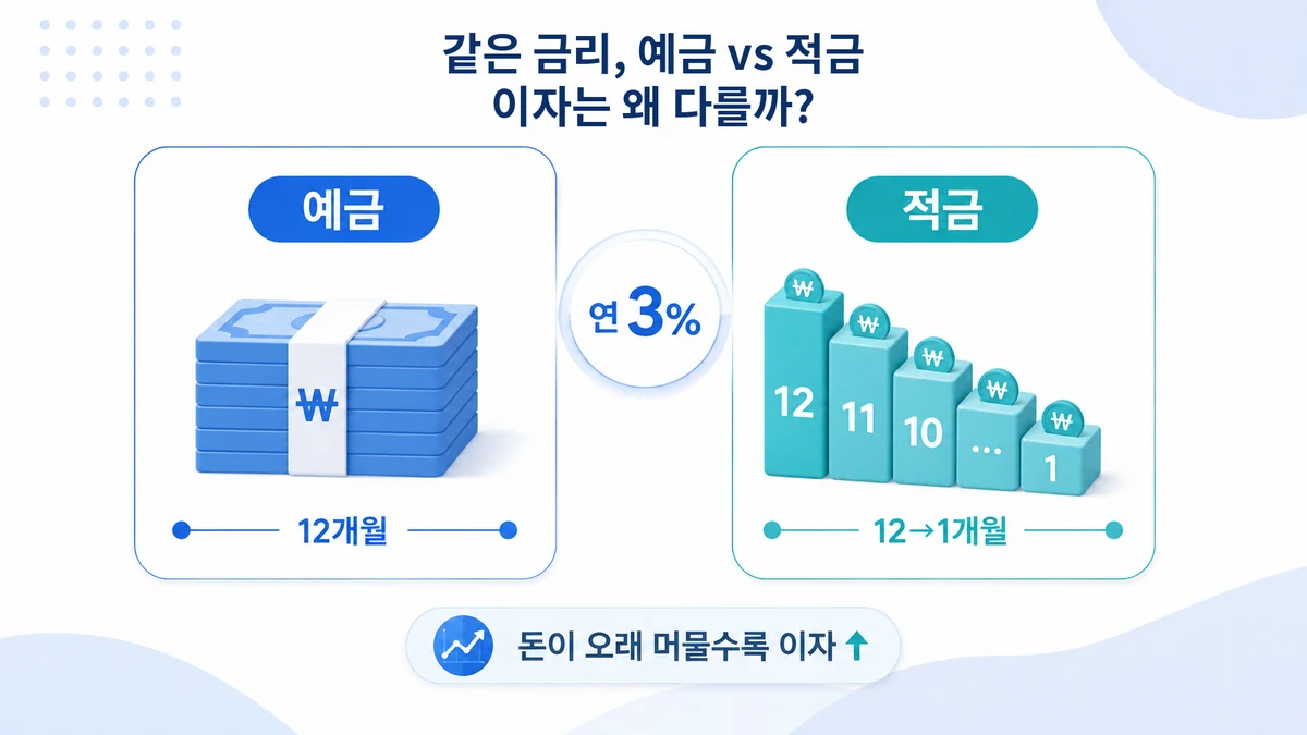 예금은 전체 목돈이 12개월, 적금은 월 납입금이 12개월부터 1개월까지 예치되는 차이를 설명한 인포그래픽