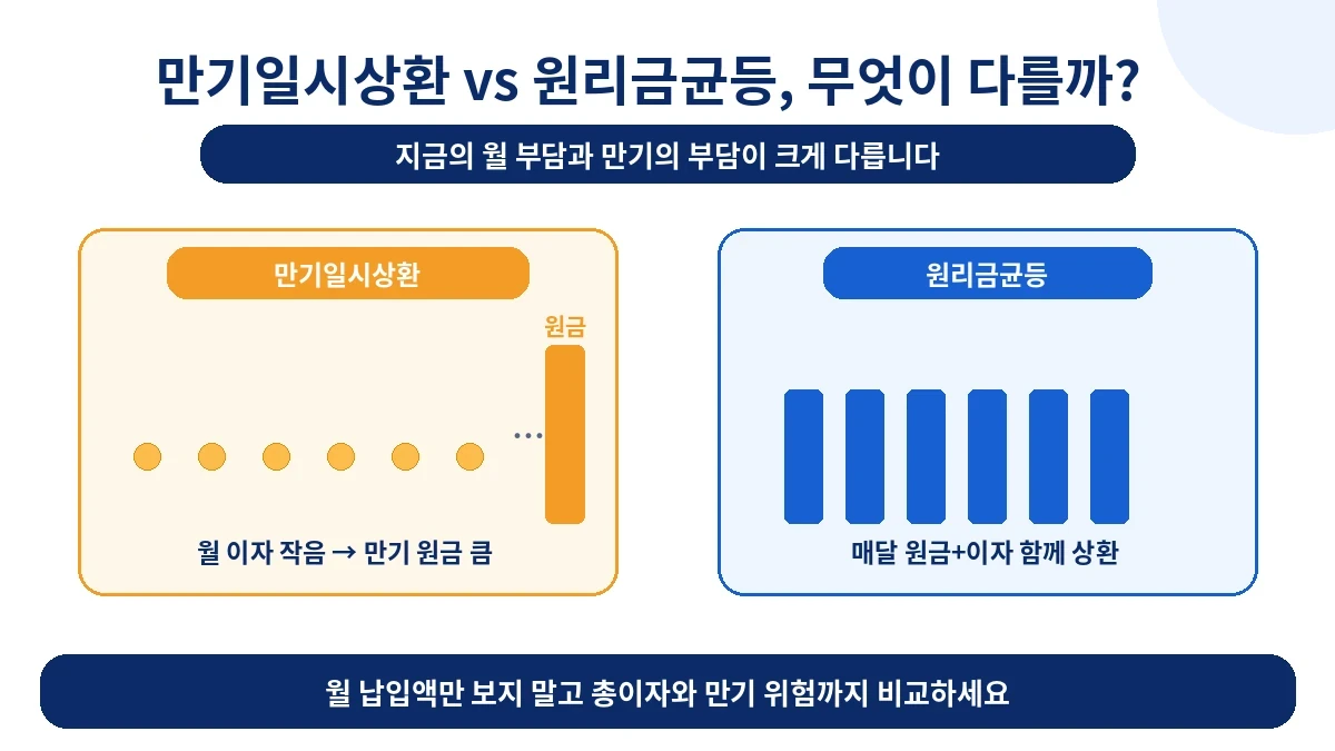 만기일시상환과 원리금균등 상환 흐름 비교