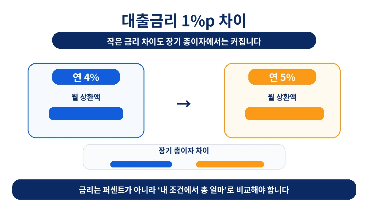 대출금리 4%와 5%의 월 상환액과 장기 총이자 차이 비교