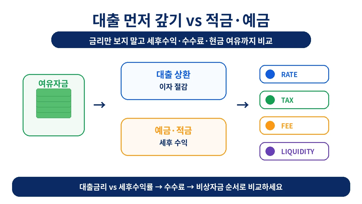 여유자금을 대출상환과 예금 적금으로 나눌 때 금리 세금 수수료 유동성을 비교하는 구조