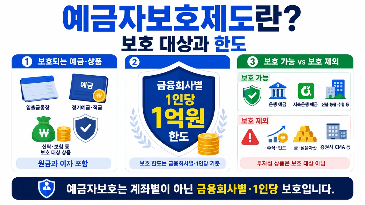 금융회사별 1인당 예금보호한도 1억원과 보호 대상 안내