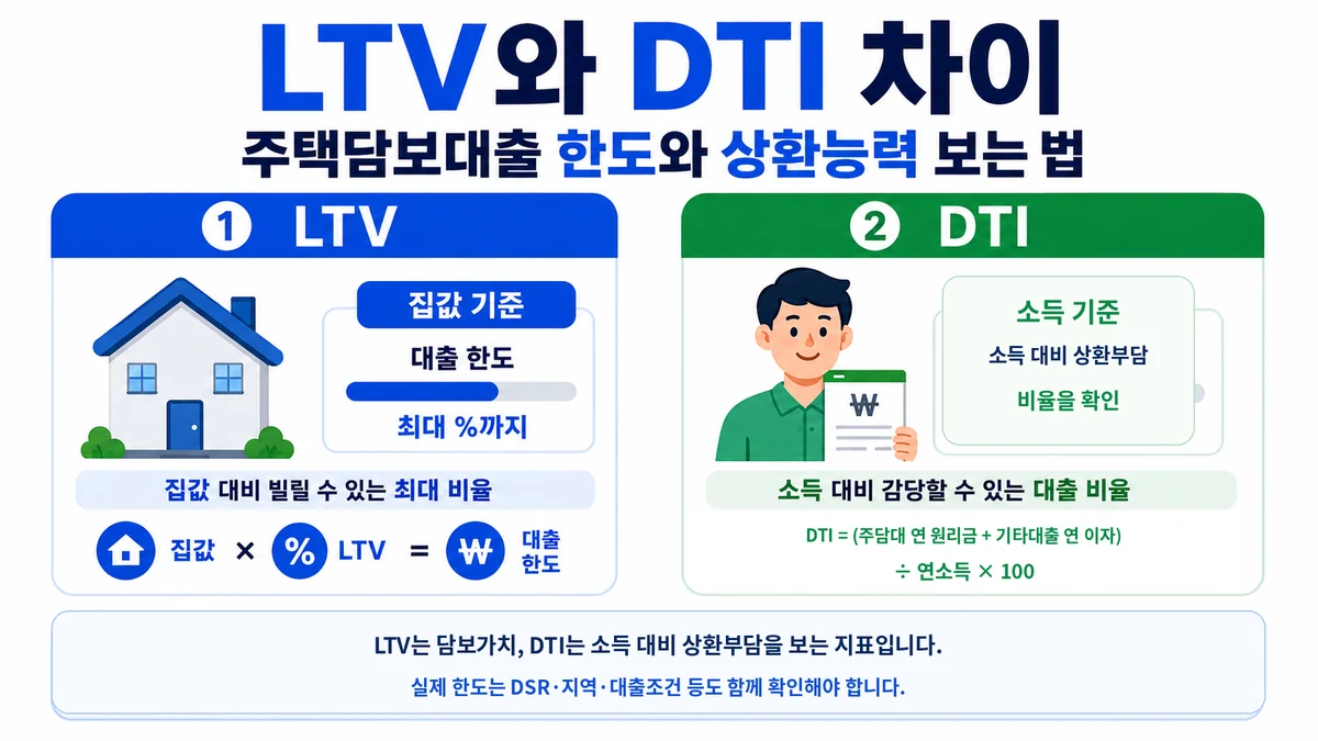 LTV는 주택가치, DTI는 소득 기준으로 대출한도를 보는 차이