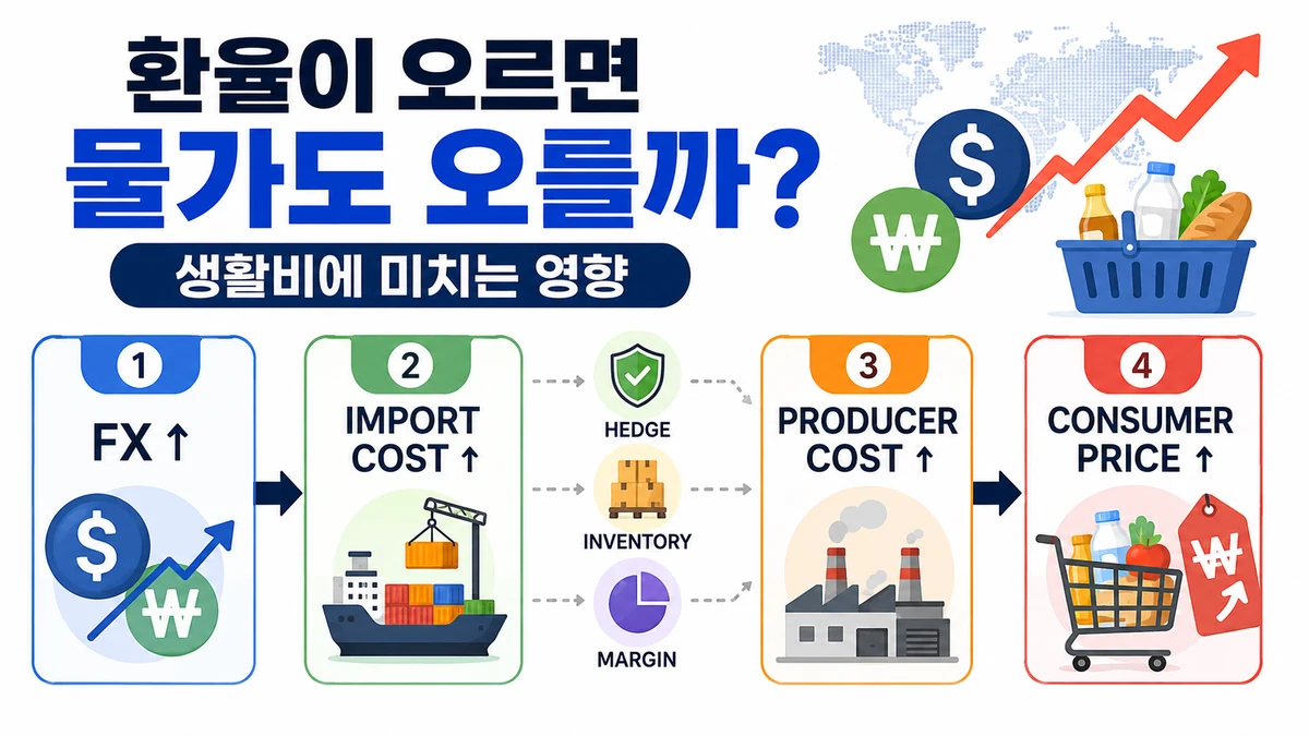 환율 상승이 수입비용과 생산비를 거쳐 소비자물가에 영향을 주는 흐름