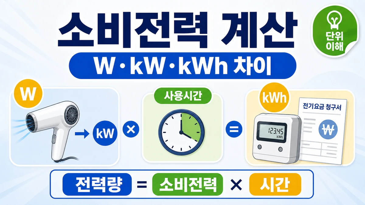 W·kW·kWh 단위와 소비전력에 사용시간을 곱해 전력량을 계산하는 방법